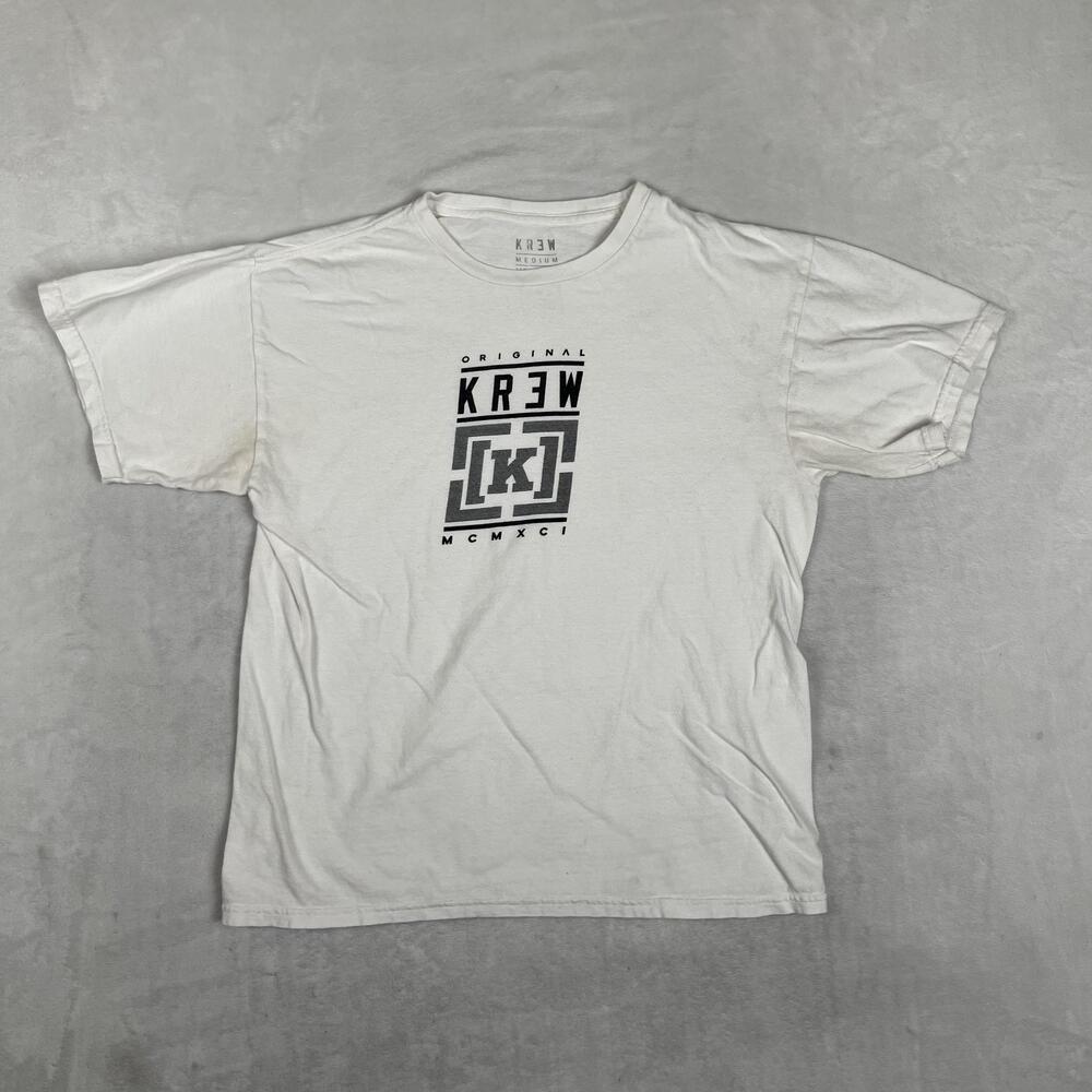 VTG KREW T-Shirt Mens Medium White Original Logo Graphic Streetwear Skate Y2K